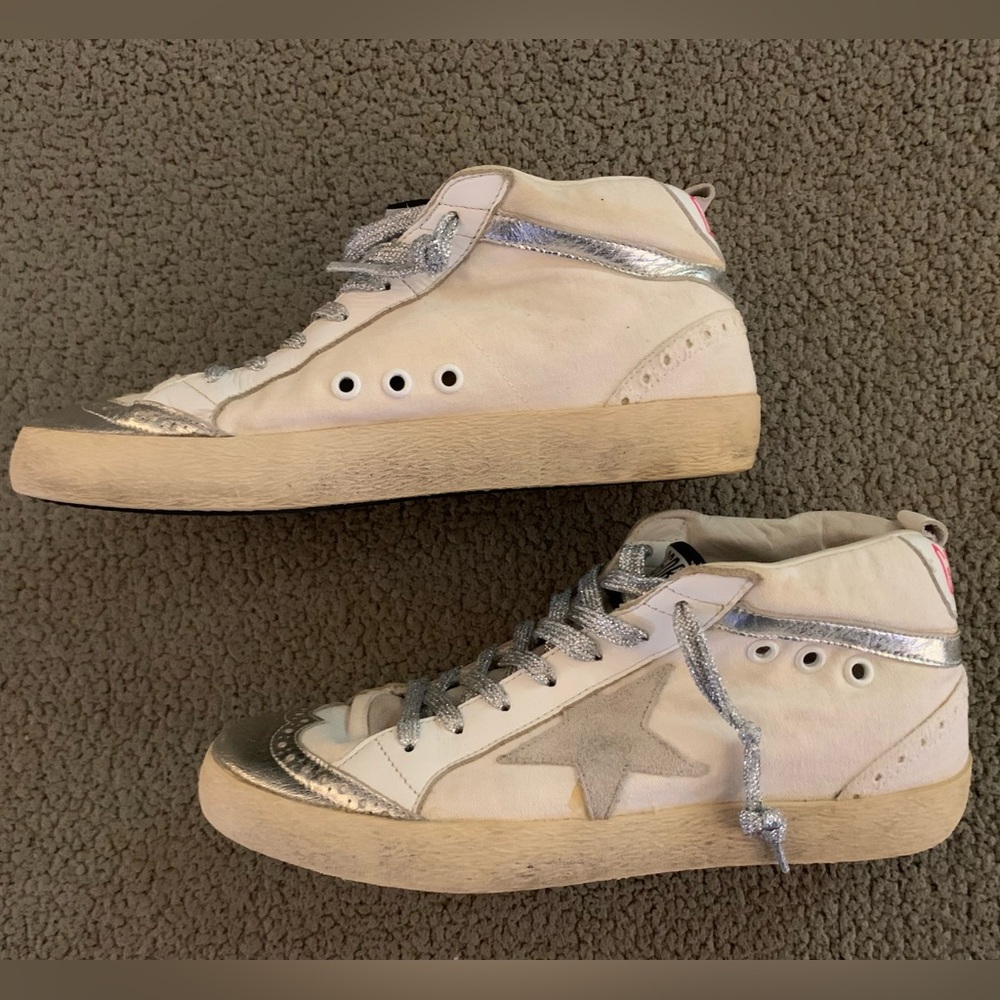 GGDB Golden Goose Mid Star Mixed Leather Silver Wing-Tip SNEAKERS womens size 39